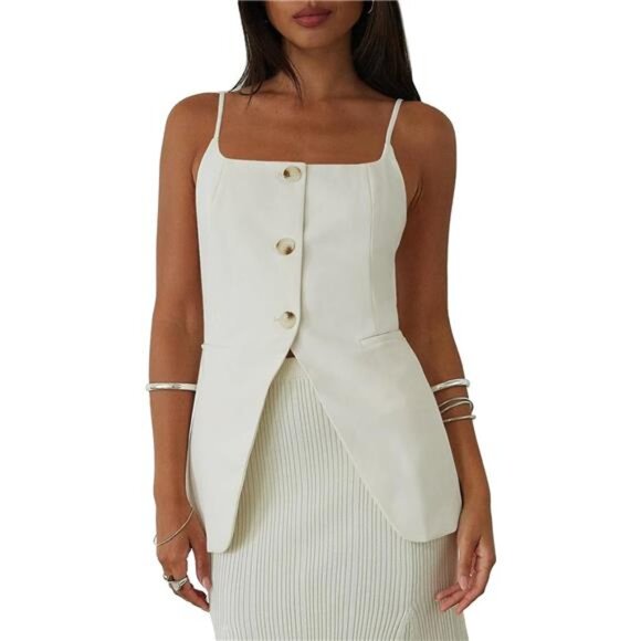 Women’s Cami Suit Vest Blazer – Button Down, Adjustable Spaghetti Straps - Picture 1 of 4